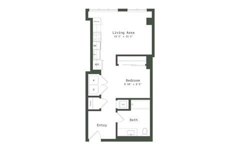 Floor plan for 1 bed, 1 bath, 614 sqft
